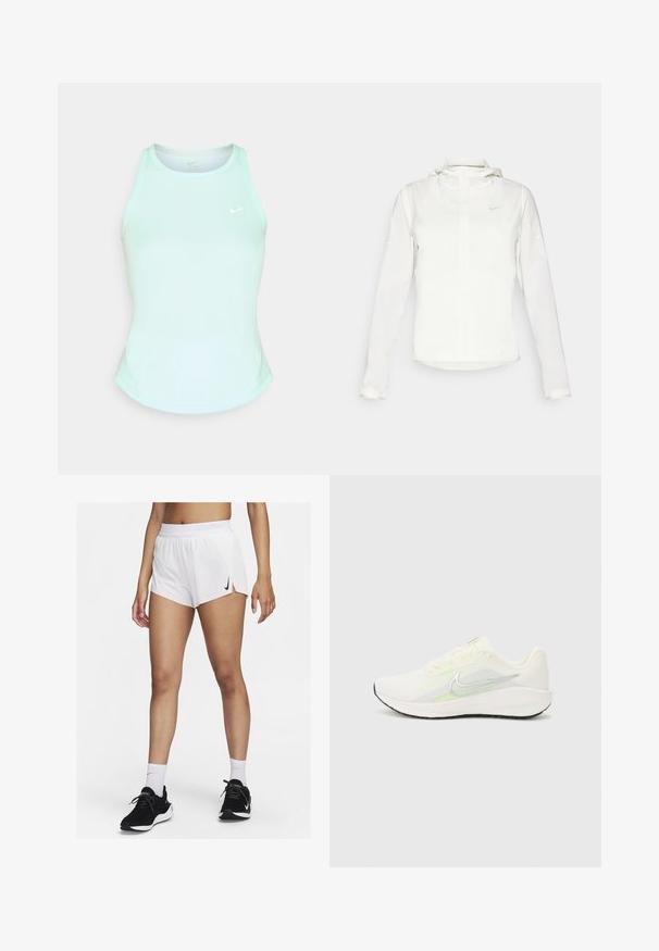 Hvid Nike-jakke med hætte, fuld lynlås, elastiske manchetter og et diskret logo på brystet. Glat tekstur og let design.; Mintgrøn atletisk tanktop med rund halsudskæring, slim fit, ærmeløs design og et lille hvidt Nike-logo på forsiden.; Hvide atletikshorts med ribbet taljebånd, sideslids og sort Nike-logo. Båret med sorte sneakers og hvide crew-sokker.; Nike Performance DOWNSHIFTER 13 - Løbesko til landevejen - sail/silver-coloured photon dust/summit white/barely volt/black