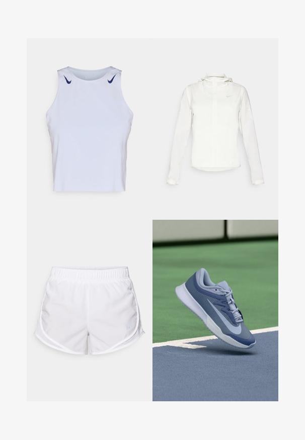 White Nike jacket with a hood, full zip, elastic cuffs, and a subtle logo on the chest. Smooth texture and lightweight design.; White sleeveless athletic top featuring a rounded neck, lightweight fabric, and blue Nike Swoosh accents on the shoulders.; White athletic shorts made of lightweight, breathable fabric. Features an elastic waistband and mesh side panels, with a small blue logo accent.; Sport sneaker in light blue and navy, featuring a textured upper, flat laces, and a lightweight white sole. Elevated above a court surface.