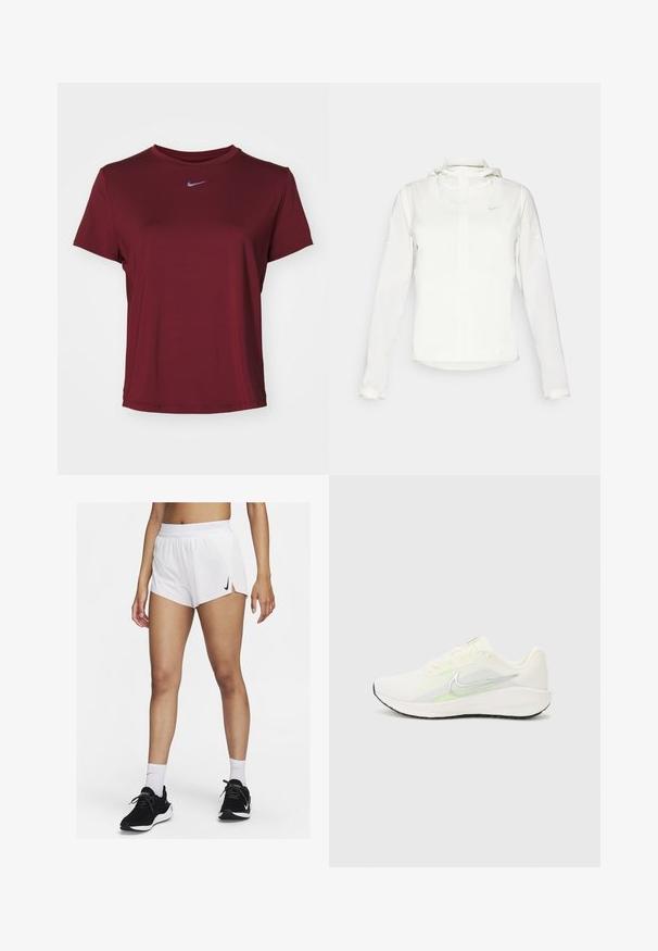 Valge Nike jakker, millel on kapuuts, täispikk tõmblukk, elastsed mansetid ja diskreetne logo rinnal. Sile tekstuur ja kerge disain.; Burgundia lühikeste varrukatega t-särk, mis on valmistatud siledast kangast, ümarate kaelustega ja millel on rinnas väike hall Nike logo.; Valged spordipüksid soonilise vöökohaga, külgmiste lõhikute ja musta Nike logoga. Kandmiseks koos mustade spordijalatsite ja valgete sportlike sokkidega.; Nike Performance DOWNSHIFTER 13 - Maanteejooksu jalatsid - sail/silver-coloured photon dust/summit white/barely volt/black