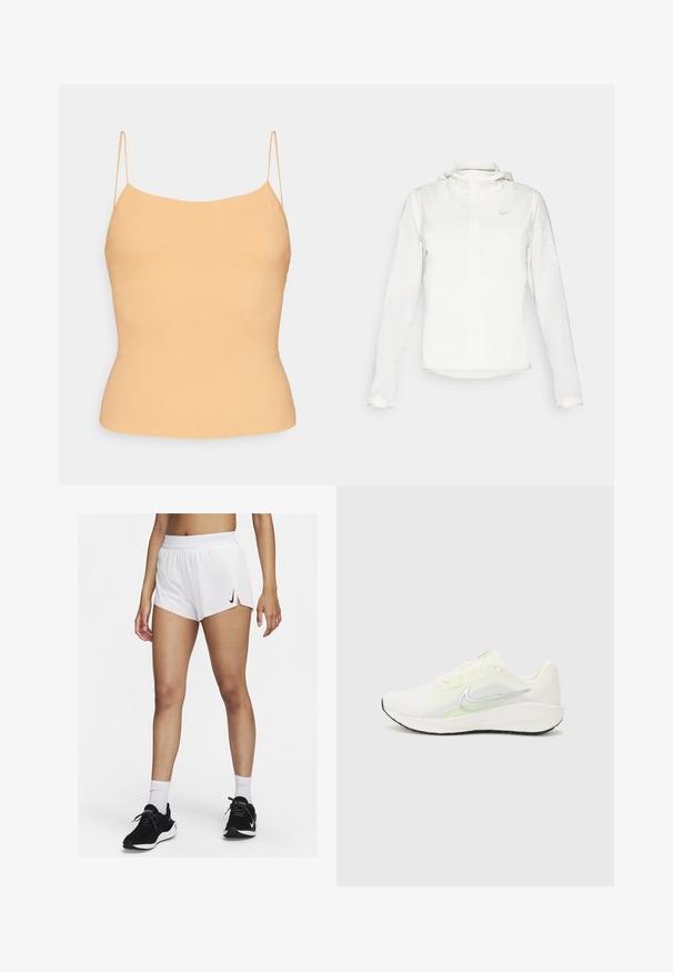 Veste blanche Nike avec capuche, fermeture éclair intégrale, poignets élastiques et un logo discret sur la poitrine. Texture lisse et design léger.; Camisole couleur pêche avec de fines bretelles spaghetti réglables. Coupe ajustée, texture lisse et design simple avec un ourlet légèrement incurvé.; Shorts de sport blancs avec une ceinture côtelée, des fentes latérales et un logo Nike noir. Portés avec des baskets noires et des chaussettes hautes blanches.; Nike Performance DOWNSHIFTER 13 - Chaussures de running sur route - sail/silver-coloured photon dust/summit white/barely volt/black