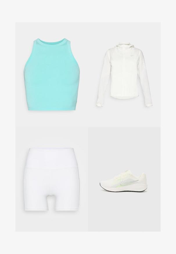 White Nike jacket with a hood, full zip, elastic cuffs, and a subtle logo on the chest. Smooth texture and lightweight design.; Light blue crop top made of stretchy cotton, featuring a high neckline and sleeveless design with a smooth texture and even stitching.; White high-waisted shorts made from stretch fabric. Features a smooth texture and fitted design, with no additional patterns or hardware.; Nike Performance DOWNSHIFTER 13 - Road running shoes - sail/silver-coloured photon dust/summit white/barely volt/black