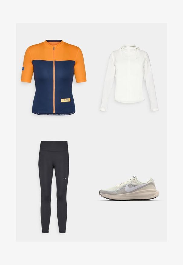 Veste blanche Nike avec capuche, fermeture éclair intégrale, poignets élastiques et un logo discret sur la poitrine. Texture lisse et design léger.; Maillot de cyclisme à manches courtes en orange et bleu marine, doté d'une fermeture éclair à l'avant, d'accents de logo et de panneaux contrastants avec une texture lisse.; Leggings noirs en tissu extensible, dotés d'une taille haute et d'un logo Nike blanc sur la cuisse gauche. Texture lisse, design ajusté.; Baskets avec une tige en maille gris clair, le logo Swoosh de Nike en blanc, une semelle intermédiaire rembourrée, une forme élancée, et une semelle extérieure en caoutchouc noir avec un motif de traction.