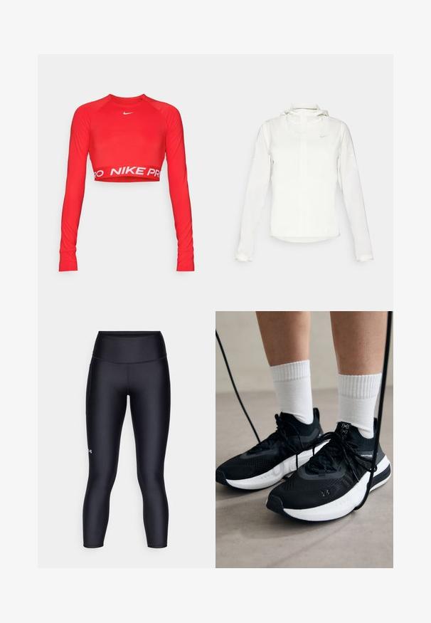 Valge Nike jakker, millel on kapuuts, täispikk tõmblukk, elastsed mansetid ja diskreetne logo rinnal. Sile tekstuur ja kerge disain.; Punane pika varrukaga crop-top, mis on valmistatud venivast kangast, ümmarguse kaelusega ja valge "NIKE PRO" riba abil allservas. Sile tekstuur, keha lähedane disain.; Mustad mustad leggings, mis on valmistatud siledast ja elastsetest materjalidest. Kõrge vöökohaga disain, mis hoiab lähedast istuvust ning väikese logo vasakul jalal.; Mustad mustad jalanõud tekstuuritud kangast, valge tallaga ja mustade paeltega. Kanna valgete soonikkudega sokkide sisse, seistes helesinisel pinnal.