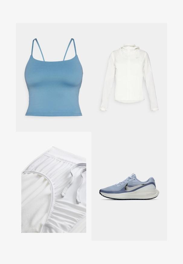 Jachetă albă Nike cu glugă, fermoar pe toată lungimea, manșete elastice și un logo subtil pe piept. Textură netedă și design ușor.; Camisă bleu ajustată cu bretele subțiri, realizată dintr-un material neted și elastic. Design simplu, cu un tiv drept și fără detalii suplimentare.; Shorts albi de sport cu un tiv texturat, detalii laterale pliate și un șnur plat. Material moale cu un finisaj neted.; Adidași de alergare Nike în nuanțe de albastru deschis și alb, cu swoosh argintiu, suprafață din plasă respirabilă, talpă căptușită și tread negru pe talpă.