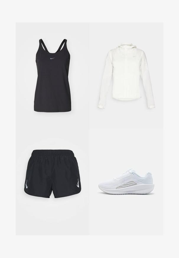White Nike jacket with a hood, full zip, elastic cuffs, and a subtle logo on the chest. Smooth texture and lightweight design.; Black athletic tank top with a scoop neck and thin straps, featuring a small, reflective Nike logo on the chest. Soft, lightweight fabric.; Black sports shorts with an elastic waistband, featuring a white logo on the left side. Made from lightweight, smooth fabric.; White athletic shoe with mesh upper, rounded toe, and textured sole. Features a silver Nike swoosh and minimalistic design.