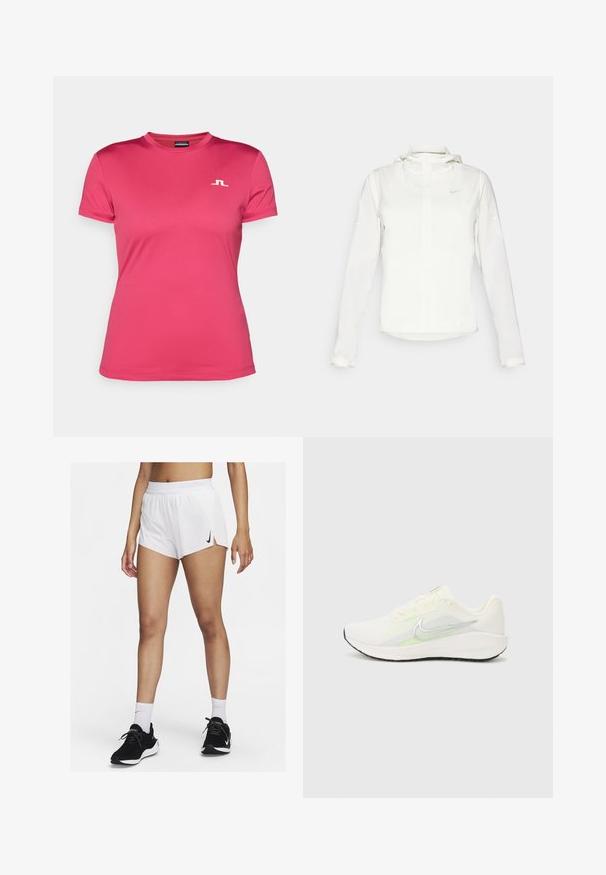 Biała kurtka Nike z kapturem, na zamek błyskawiczny, elastyczne mankiety i subtelne logo na piersi. Gładka tekstura i lekka konstrukcja.; Różowa koszulka sportowa wykonana z gładkiego, oddychającego materiału. Posiada krótki rękaw, okrągły dekolt oraz małe białe logo na piersi.; Białe sportowe szorty z prążkowanym pasem, bocznymi rozporkami i czarnym logo Nike. Noszone z czarnymi trampkami i białymi skarpetami za kostkę.; Nike Performance DOWNSHIFTER 13 biały