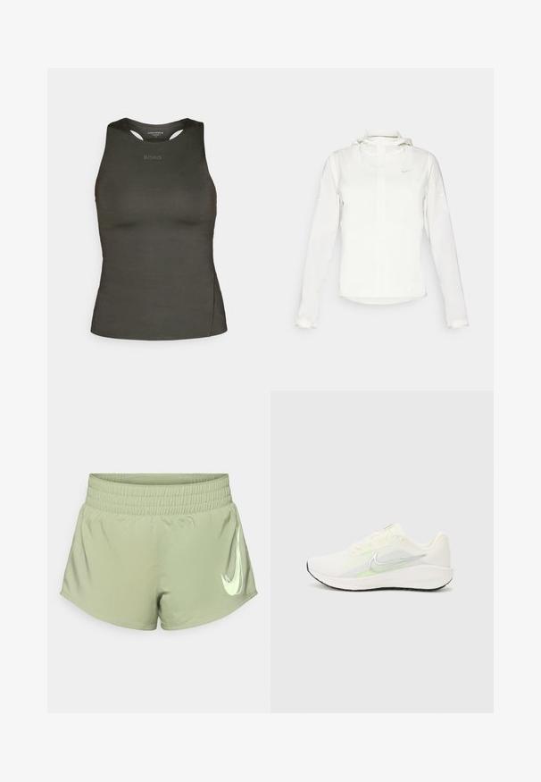 Bílá bunda Nike s kapucí, plným zipem, elastickými manžetami a decentním logem na hrudi. Hladká textura a lehký design.; Tmavě zelený sportovní tílko vyrobené z hladkého materiálu. Má kulatý výstřih a výstřihy na ramenou. Na přední straně je logo "BORG".; Světl zelené sportovní šortky s elastickým pasem, s prominentním bílým logem Nike swoosh na dolní pravé straně.; Nike Performance DOWNSHIFTER 13 - Silniční běžecké boty - sail/silver-coloured photon dust/summit white/barely volt/black