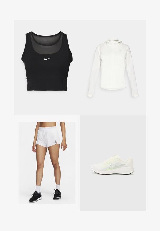 Valkoinen Nike-takki hupulla, täyspitkällä vetoketjulla, joustavilla hihansuilla ja hillityllä logolla rinnassa. Sujuva pinta ja kevyt muotoilu.; Musta urheilullinen crop-top, jossa on pyöreä pääntie ja läpinäkyvää panelointia. Keskellä on valkoinen Nike-logo ja tiukka malli.; Valkoiset urheilushortsit, joissa on resorivyötärö, sivuhaarat ja musta Nike-logo. Yhdistetty mustiin tennareihin ja valkoisiin polvisukkiin.; Nike Performance DOWNSHIFTER 13 - Katujuoksukengät - sail/silver-coloured photon dust/summit white/barely volt/black