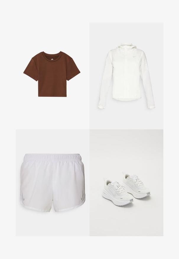 Witte Nike-jack met een capuchon, volledige rits, elastische manchetten en een subtiele logo op de borst. Gladde textuur en lichtgewicht ontwerp.; Bruine korte mouw cropped T-shirt van zacht materiaal, met een ronde halslijn en nette stiksels zonder patronen of accenten.; Nike Performance FAST TEMPO SHORT - Korte broeken - white/silver; Witte sportieve schoenen met een gestructureerde mesh bovenkant, een comfortabele zool en subtiele grijze accenten. Inclusief branding en een lus aan de hiel voor eenvoudig aan- en uittrekken.