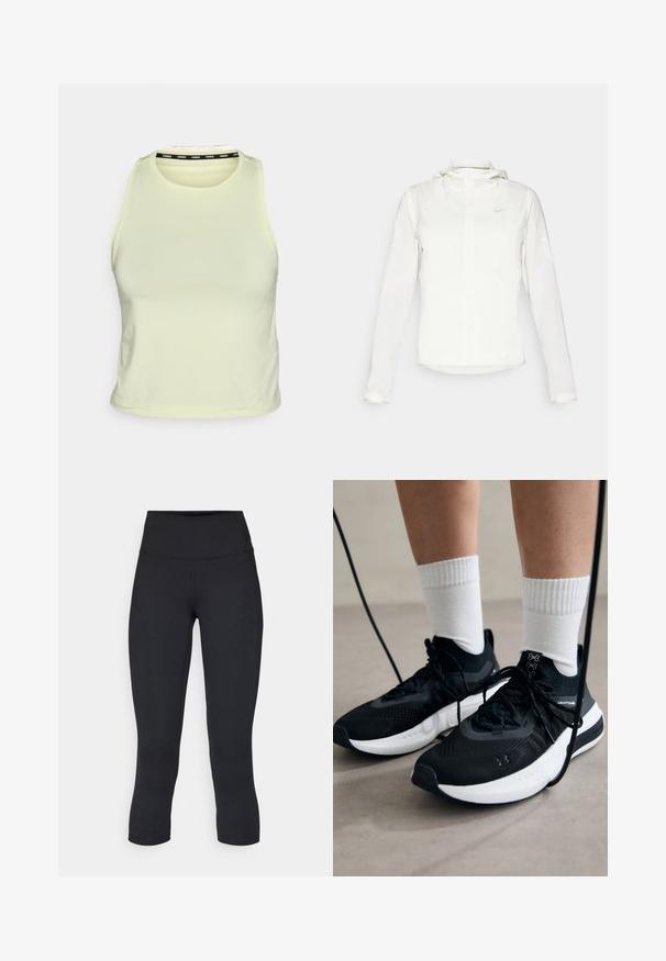 Balta Nike jaka ar kapuci, pilna rāvējslēdzēja, elastīgām piedurknēm un diskrētu logotipu uz krūšu daļas. Gluda tekstūra un viegla konstrukcija.; Gaiši dzeltena bez piedurknēm augstākā tops, izgatavots no mīksta materiāla. Tam ir apaļa kakla izgriezums un melns zīmola akcents uz iekšējā apkakles.; Melnas apgrieztas legingi, izgatavoti no elastīga auduma, ar augstu jostasvietu un gludu tekstūru, bez redzamām rakstu vai aksesuāriem.; Melni sporta apavi ar strukturētu audumu, balta zole un melni šņores. Valkāti ar baltām ribotām zeķēm, stāvot uz gaišas virsmas.