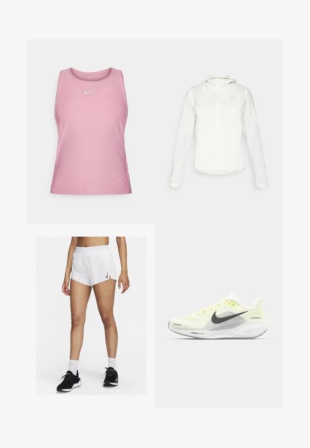 Weiße Nike-Jacke mit Kapuze, durchgehendem Reißverschluss, elastischen Bündchen und einem dezenten Logo auf der Brust. Glatte Textur und leichtes Design.; Nike Performance VICTORY TANK - Top - elemental pink/white; Weiße sportliche Shorts mit einem gerippten Bündchen, seitlichen Schlitzen und einem schwarzen Nike-Logo. Kombiniert mit schwarzen Turnschuhen und weißen Sportsocken.; Nike Laufschuhe mit einem hellgelben und weißen Mesh-Obermaterial, grauen Akzenten und einer flexiblen Gummisohle. Verfügt über einen Schnürverschluss.