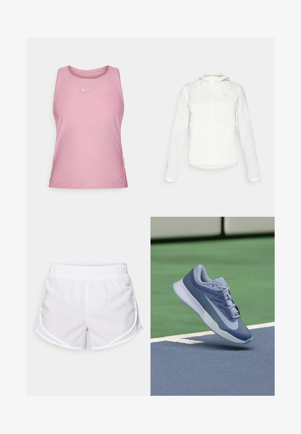 Balta Nike striukė su gobtuvu, pilnu užtrauktuku, elastingomis rankovėmis ir subtiliu logotipu ant krūtinės. Sklandi tekstūra ir lengvas dizainas.; Nike Performance VICTORY TANK - Viršus - elemental pink/white; Balti sportiniai šortai, pagaminti iš lengvo, kvėpuojančio audinio. Turi elastinį juosmenį ir tinklines šonines detales, su mažo mėlyno logotipo akcentu.; Sportiniai batai šviesiai mėlynos ir tamsiai mėlynos spalvos, su tekstūruota viršutine dalimi, plokščiomis raišteliais ir lengva balta padu. Pakelti virš aikštelės paviršiaus.