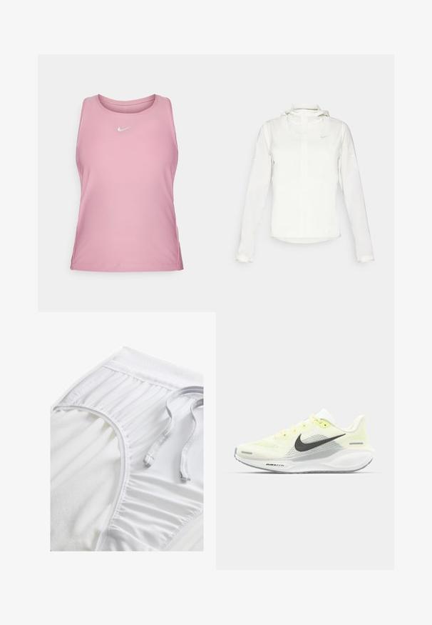 Witte Nike-jack met een capuchon, volledige rits, elastische manchetten en een subtiele logo op de borst. Gladde textuur en lichtgewicht ontwerp.; Nike Performance VICTORY TANK - Top - elemental pink/white; Witte sportshorts met een gestructureerde tailleband, geplooide zijkanten en een platte trekkoord. Zachte stof met een gladde afwerking.; Nike hardloopschoenen met een lichtgele en witte mesh bovenkant, grijze accenten en een flexibele rubberen zool. Voorzien van een vetersluiting.