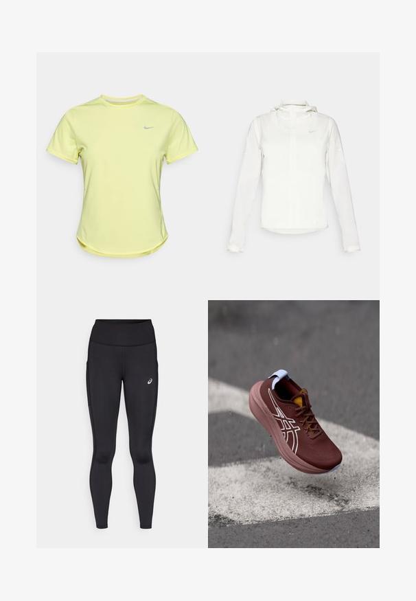 Fehér Nike dzseki kapucnival, teljes cipzárral, rugalmas mandzsettákkal és egy diszkrét logóval a mellkason. Sima textúrájú és könnyű kialakítású.; Sárga, rövid ujjú sportpóló, nedvességelvezető anyagból készült. Kerek nyakkivágással és egy kis szürke Nike logóval a mellkason.; Fekete leggings, magas derékkal, sima, rugalmas anyagból készült. Finom logó található a combon és oldzsebek.; Vörös futócipő strukturált felsőrészével, fehér logójával, sárga bélésével és világoskék saroktabjával, a teljesítmény és a kényelem jegyében tervezve.