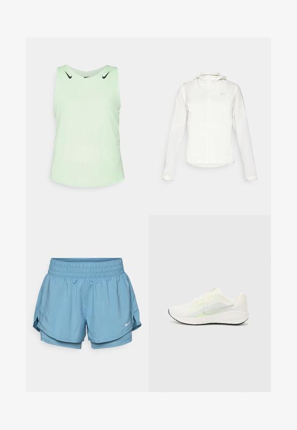 Witte Nike-jack met een capuchon, volledige rits, elastische manchetten en een subtiele logo op de borst. Gladde textuur en lichtgewicht ontwerp.; Lichtgroene sportieve tanktop van ademend materiaal, met een ronde halslijn, mouwloos ontwerp en geperforeerde patronen voor ventilatie.; Lichtblauwe sportshorts met een brede elastische tailleband, binnenvoering en zijsplitten voor bewegingsvrijheid. Beschikt over een klein wit logo.; Nike Performance DOWNSHIFTER 13 - Hardloopschoenen voor op de weg - sail/silver-coloured photon dust/summit white/barely volt/black