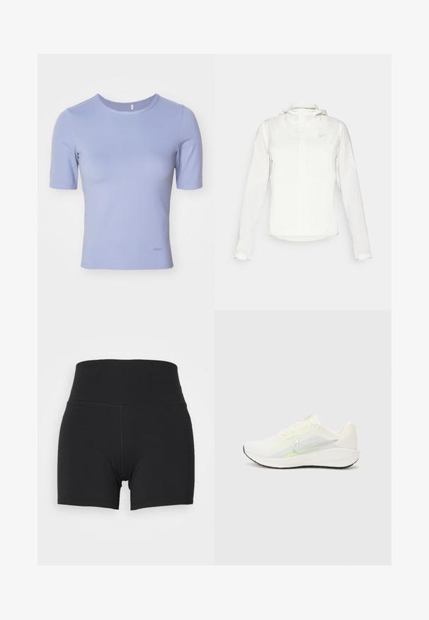 Jachetă albă Nike cu glugă, fermoar pe toată lungimea, manșete elastice și un logo subtil pe piept. Textură netedă și design ușor.; Tricou cu mâneci scurte, adaptat pe corp, dintr-un material lavandă deschis. Textură netedă, cu guler rotund și branding subtil la tiv.; Pantaloni scurți atletici negri cu un talie elastică înaltă, fabricați dintr-un material neted și elastic. Prezintă un design ajustat și detalii minime de cusătură.; Nike Performance DOWNSHIFTER 13 - Pantofi de alergare pe asfalt - sail/silver-coloured photon dust/summit white/barely volt/black