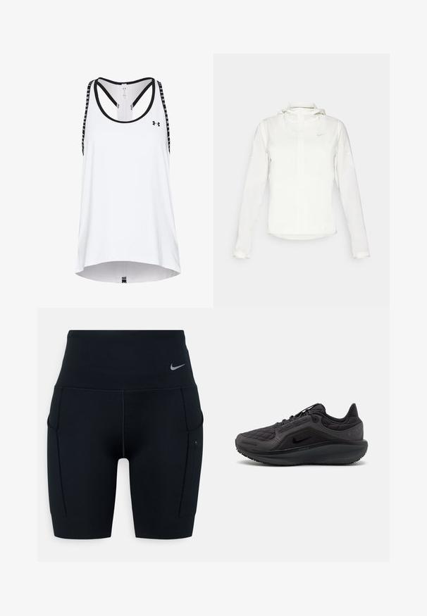 White Nike jacket with a hood, full zip, elastic cuffs, and a subtle logo on the chest. Smooth texture and lightweight design.; White athletic tank top with black accents, featuring a racerback design and branded straps, made from moisture-wicking fabric.; Black high-waisted athletic shorts made of stretchy material; features side pockets and a small Nike logo on the waistband.; Black athletic shoe with quilted upper, textured accents, and a cushioned sole. Features a prominent Nike logo and durable outsole.