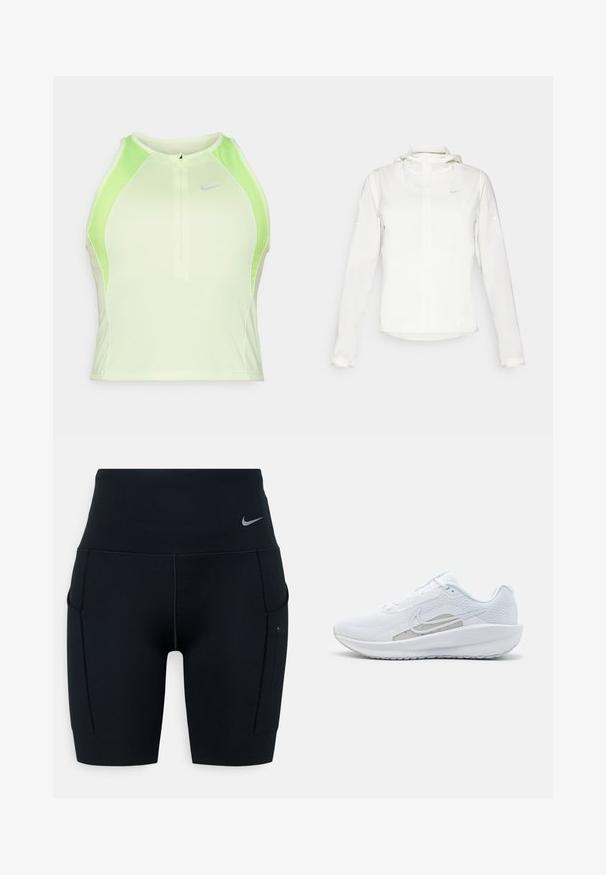 Balta Nike jaka ar kapuci, pilna rāvējslēdzēja, elastīgām piedurknēm un diskrētu logotipu uz krūšu daļas. Gluda tekstūra un viegla konstrukcija.; Pielāgota bez piedurknēm augšdaļa gaiši zaļā krāsā ar elpojošām sieta paneļiem. Aprīkota ar priekšējo rāvējslēdzēju un diskrētu Nike logotipu. Gluda tekstūra.; Melni augsto vidukļa sporta šorti, izgatavoti no elastīga materiāla; satur sānu kabatas un mazu Nike logo uz jostas.; Baltas sporta apdedzinājums ar sietu augšdaļu, noapaļotu purngalu un teksturētu zoli. Tam ir sudraba Nike zvīņa un minimālisma dizains.