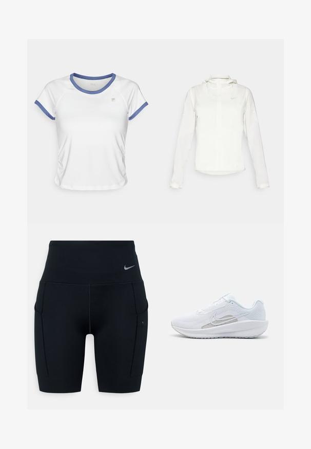 Valkoinen Nike-takki hupulla, täyspitkällä vetoketjulla, joustavilla hihansuilla ja hillityllä logolla rinnassa. Sujuva pinta ja kevyt muotoilu.; Valkoinen lyhythihainen t-paita sinisellä reunuksella, jossa on istuva muotoilu ja rypytetty sivuosa. Pieni brändilogo rinnassa.; Musta korkea vyötäröinen urheilushortsit, jotka on valmistettu joustavasta materiaalista; sisältävät sivutaskut ja pienen Nike-logon vyötärökaistassa.; Valkoinen urheilujalkine, jossa on verkkomateriaali ylhäällä, pyöreä varvas ja teksturoitu pohja. Varustettu hopeisella Nike-ikkunalla ja minimalistisella muotoilulla.