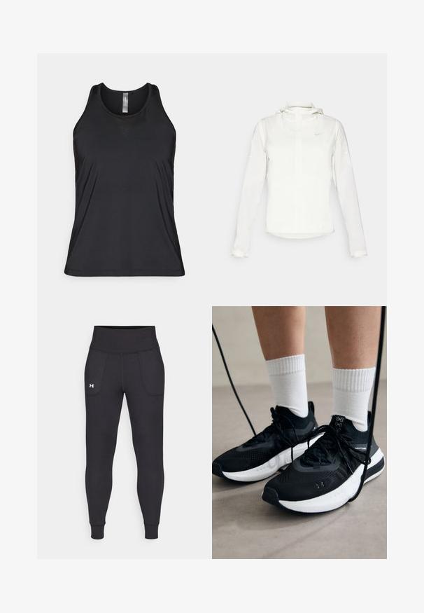 Casaco branco da Nike com capuz, fecho completo, punhos elásticos e um logótipo subtil no peito. Textura suave e design leve.; Top desportivo sem mangas preto, feito de material respirável, com um discreto detalhe em malha em formato triangular perto do decote.; Leggings atléticos pretos, feitos de material elástico, com uma cintura alta, bolsos laterais e punhos ajustados no tornozelo.; Sapatilhas desportivas pretas com tecido texturizado, sola branca e atacadores pretos. Usadas com meias brancas caneladas, a pé sobre uma superfície clara.
