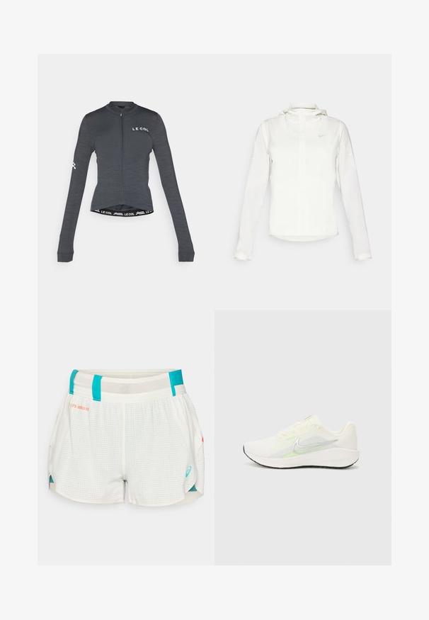 Bílá bunda Nike s kapucí, plným zipem, elastickými manžetami a decentním logem na hrudi. Hladká textura a lehký design.; Tmavě šedý cyklistický dres s dlouhým rukávem, plným zipem, s nápisem "LE COL" na hrudi a kontrastním detailem v pase.; Bílé běžecké šortky se vzorem a tyrkysovými akcenty, prodyšný síťovaný pás a postranní rozparky pro větší volnost pohybu. Na šortkách je umístěno logo značky v tyrkysové barvě.; Nike Performance DOWNSHIFTER 13 - Silniční běžecké boty - sail/silver-coloured photon dust/summit white/barely volt/black