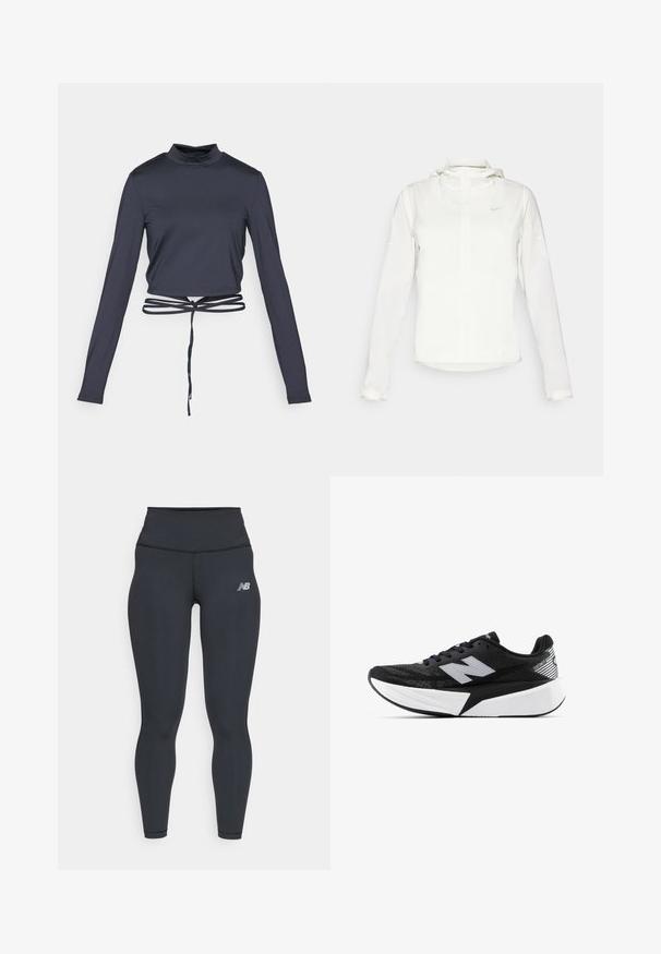 Vit Nike-jacka med huva, hel dragkedja, elastiska ärmslutar och en diskret logotyp på bröstet. Slät textur och lätt design.; Marinblå kortärmad topp med lång ärm, med hög krage och justerbar snörning vid midjan. Slät, elastisk tyg med en åtsittande design.; Svarta tränings leggings med hög midja, med en slät yta och en liten vit New Balance-logga på låret.; Svartvit New Balance löparsko med tjock sula, meshtopp och "N"-logotyp på sidan, sedd från utsidan.