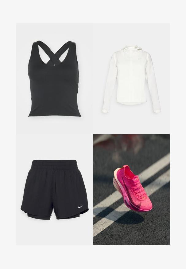 Biela Nike bunda s kapucňou, plným zipsom, elastickými manžetami a jemným logom na hrudi. Hladká textúra a ľahký dizajn.; Čierny tielko so zaobleným výstrihom a prekríženými ramienkami na chrbte. Vyrobené z hladkej látky s priliehavým strihom a bez viditeľných ozdôb.; Čierne športové šortky s elastickým pásom, vnútornou podšívkou a bielym logom Nike na dolnej ľavej strane. Hladká, ľahká tkanina.; Športová obuv v jasne ružovej farbe, vyrobená z pleteného materiálu s textúrovaným povrchom, sieťovinovým zvrškom a bielou medzipodrážkou. Obsahuje logotyp "swoosh" v tmavo ružovej.