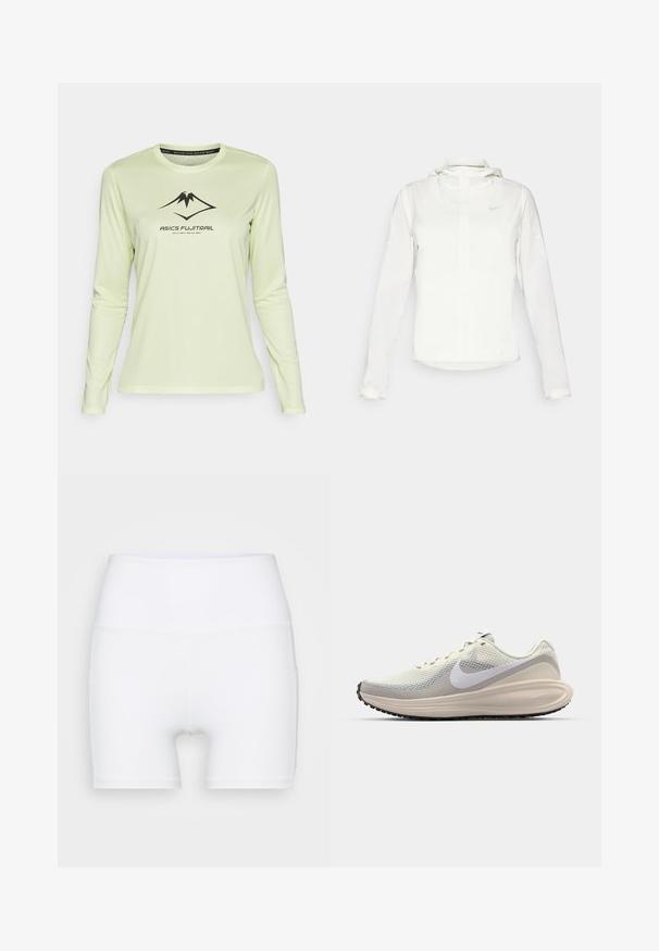 Balta Nike striukė su gobtuvu, pilnu užtrauktuku, elastingomis rankovėmis ir subtiliu logotipu ant krūtinės. Sklandi tekstūra ir lengvas dizainas.; Šviesiai žalia ilgio rankovių sportinė marškinė, pagaminta iš drėgmę sugeriančios medžiagos. Priekį puošia juodas ASICS logotipas ir mažas kalnų grafikas.; Balti aukšto juosmens šortai, pagaminti iš elastingos medžiagos. Yra lygus paviršius ir prigludęs siluetas, be papildomų raštų ar detalių.; Bateliai su šviesiai pilku tinklu viršuje, baltu Nike swoosh, paminkštintu tarpu, lieknu siluetu ir juodu guminiu padu su protektoriaus raštu.