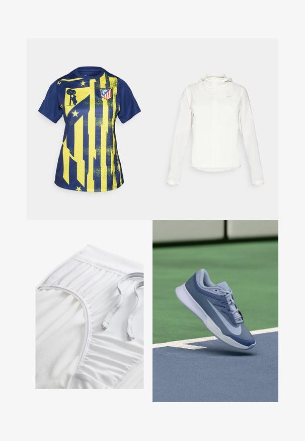 Giacca Nike bianca con cappuccio, zip completa, polsini elasticizzati e un logo discreto sul petto. Texture liscia e design leggero.; Maglietta sportiva blu e gialla con un design grafico caratterizzato da strisce, stelle e un logo del club. Realizzata in materiale sintetico liscio.; Pantaloni sportivi bianchi con una vita testurizzata, dettagli arricciati sui lati e un cordino piatto. Tessuto morbido con finitura liscia.; Sneaker sportivo in blu chiaro e blu scuro, con una parte superiore texturizzata, lacci piatti e una suola bianca leggera. Elevato sopra una superficie da campo.