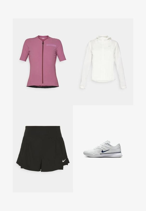 Veste blanche Nike avec capuche, fermeture éclair intégrale, poignets élastiques et un logo discret sur la poitrine. Texture lisse et design léger.; Maillot de cyclisme à manches courtes en rose clair, avec une fermeture éclair à l'avant, un tissu texturé et un patch logo dans une teinte légèrement plus foncée.; Shorts de sport noirs avec une large taille, des détails plissés, un ourlet arrondi et un logo Nike blanc sur le coin inférieur droit.; Baskets de sport blanches avec une tige en maille texturée, des accents bleu marine et une semelle rembourrée avec un grip à motifs. Lacets intégrés au design.