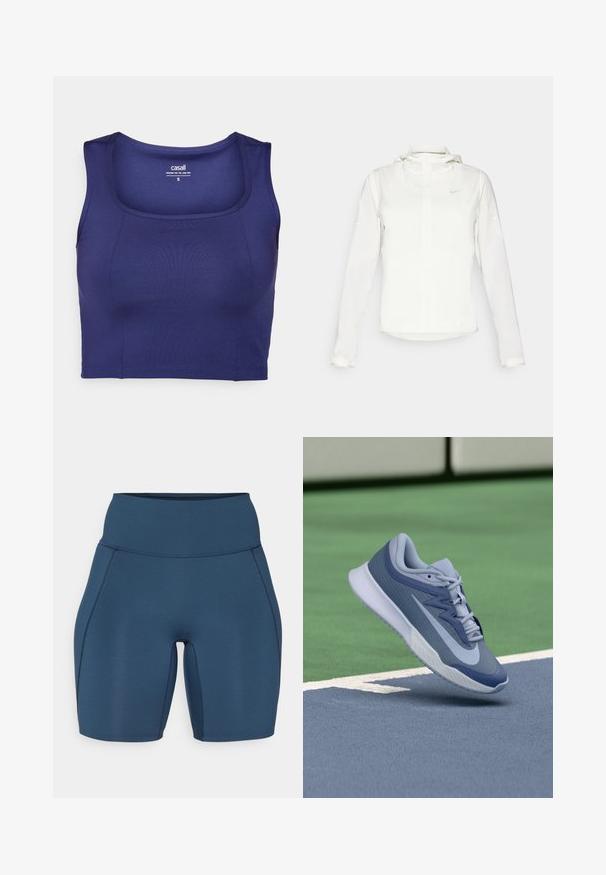 Vit Nike-jacka med huva, hel dragkedja, elastiska ärmslutar och en diskret logotyp på bröstet. Slät textur och lätt design.; Mörkblå sportig crop top i smidigt och elastiskt material. Har en rundad halsringning och breda axelband, med en figurnära silhuett och minimala sömmar.; Mörkblå träningsshorts med hög midja, slät textur och platta sömmar. Har en tight passform som sträcker sig till mitten av låret.; Sportssko i ljusblått och marinblått, med en texturerad överdel, platta snören och en lätt vit sula. Höjd över en spelplan.