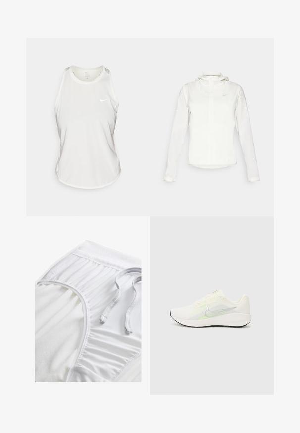 Giacca Nike bianca con cappuccio, zip completa, polsini elasticizzati e un logo discreto sul petto. Texture liscia e design leggero.; Top da donna Nike bianco, realizzato in tessuto leggero, con scollatura rotonda, design racerback e logo riflettente sul davanti.; Pantaloni sportivi bianchi con una vita testurizzata, dettagli arricciati sui lati e un cordino piatto. Tessuto morbido con finitura liscia.; Nike Performance DOWNSHIFTER 13 - Scarpe da corsa su strada - sail/silver-coloured photon dust/summit white/barely volt/black