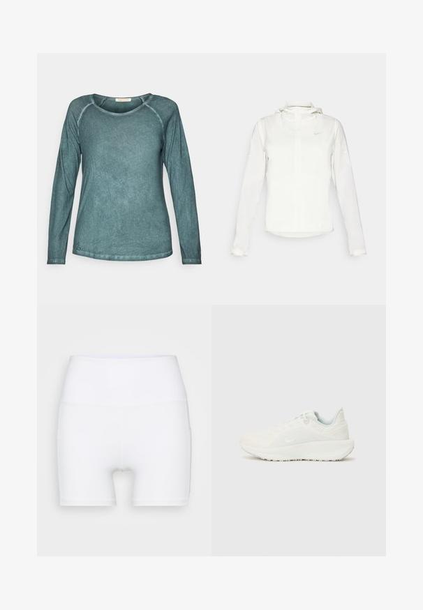Biela Nike bunda s kapucňou, plným zipsom, elastickými manžetami a jemným logom na hrudi. Hladká textúra a ľahký dizajn.; Yogasearcher BIONIKARA - Top s dlhým rukávom - forest; Biele vysoké šortky vyrobené z elastického materiálu. Majú hladkú textúru a prispôsobený strih, bez ďalších vzorov alebo kovania.; Biele športové topánky s textúrovaným zvrškom, vypolstrovaným golierom a šnurovaním. Majú zakrivenú podrážku a decentné logo na boku.