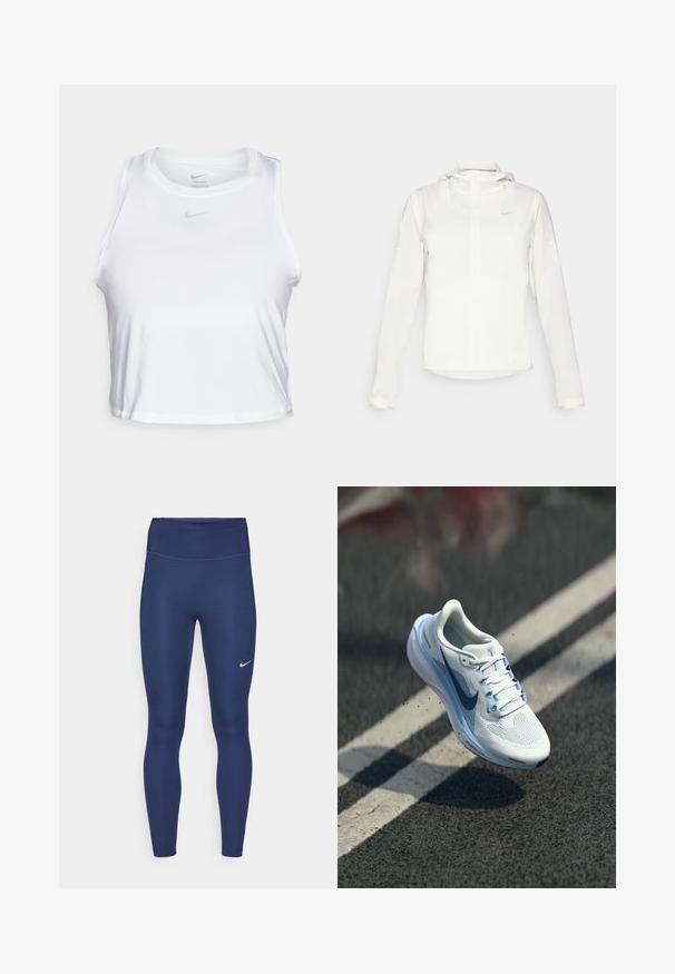 Fehér Nike dzseki kapucnival, teljes cipzárral, rugalmas mandzsettákkal és egy diszkrét logóval a mellkason. Sima textúrájú és könnyű kialakítású.; Fehér ujjatlan crop top sima Dri-FIT anyagból készült. Kicsi szürke Nike logóval a mellkasán és kerek nyakkivágással rendelkezik.; Tengerés leggings magas derékkal, rugalmas anyagból készült. Finom varrás jellemzi, és egy kis fehér Nike logó található a bal combon.; Fehér sportcipő lélegző hálós felsőrésszel és kék kiegészítőkkel. Párnázott talppal és lapos fűzőkkel rendelkezik. A középtalpán az "Air Zoom" márkajelzés látható.