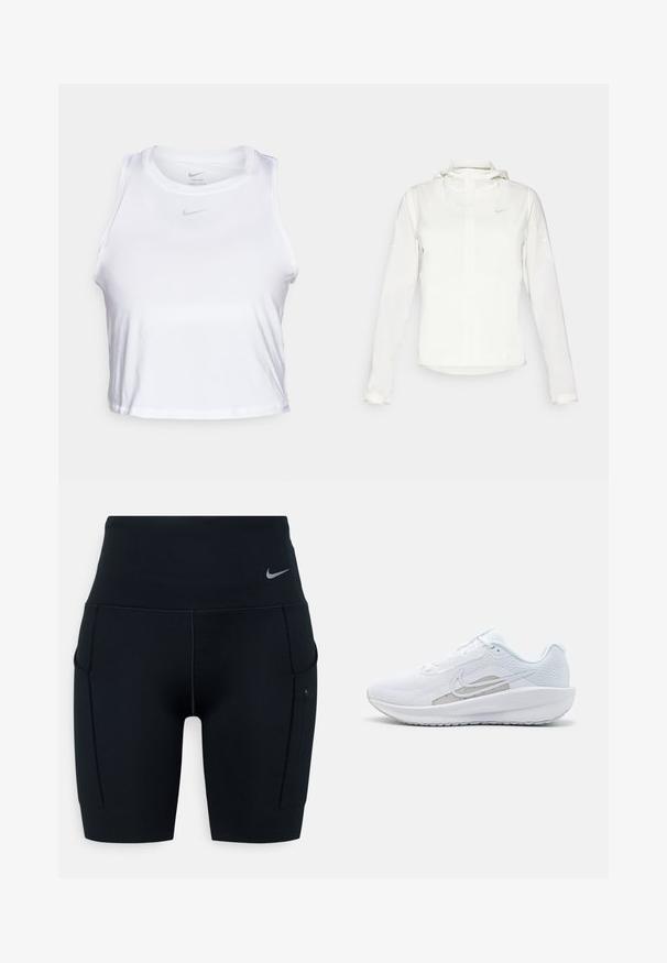 Vit Nike-jacka med huva, hel dragkedja, elastiska ärmslutar och en diskret logotyp på bröstet. Slät textur och lätt design.; Vit ärmlös crop top tillverkad av mjukt Dri-FIT-material. Har en liten grå Nike-logotyp på bröstet och rund halsringning.; Svarta högmidjade träningsshorts gjorda av elastiskt material; har sidofickor och en liten Nike-logotyp på midjebandet.; Vit sportskor med övre del av mesh, rund tå och texturerad sula. Har en silverfärgad Nike swoosh och en minimalistisk design.