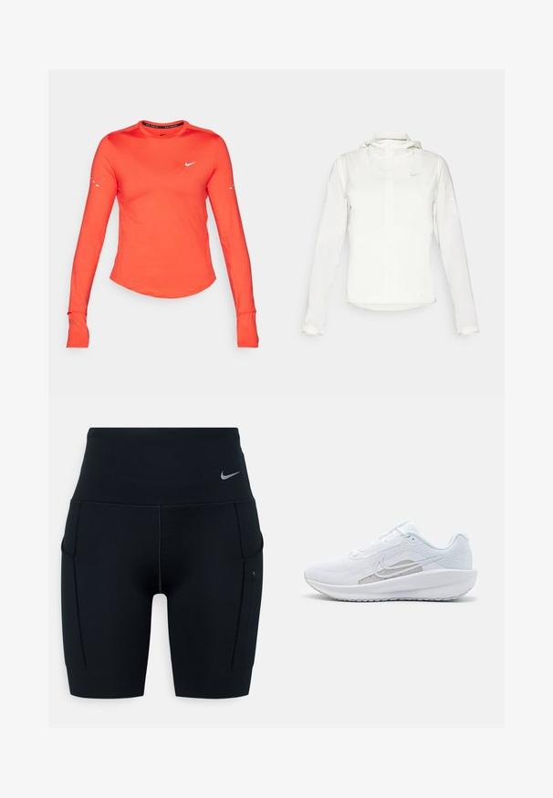 Biela Nike bunda s kapucňou, plným zipsom, elastickými manžetami a jemným logom na hrudi. Hladká textúra a ľahký dizajn.; Trenčná dlhá rukávová športová košeľa, jasne oranžová látka, okrúhly výstrih, biele logo Nike na hrudi, otvory pre palce v manžetách, priliehavý strih, hladká textúra.; Čierne športové šortky s vysokým pásom vyrobené z elastického materiálu; obsahujú bočné vrecká a malé logo Nike na páse.; Biele atletické topánky s priedušným zvrškom, okrúhlym prstom a štruktúrovanou podrážkou. Obsahuje strieborný Nike swoosh a minimalistický dizajn.