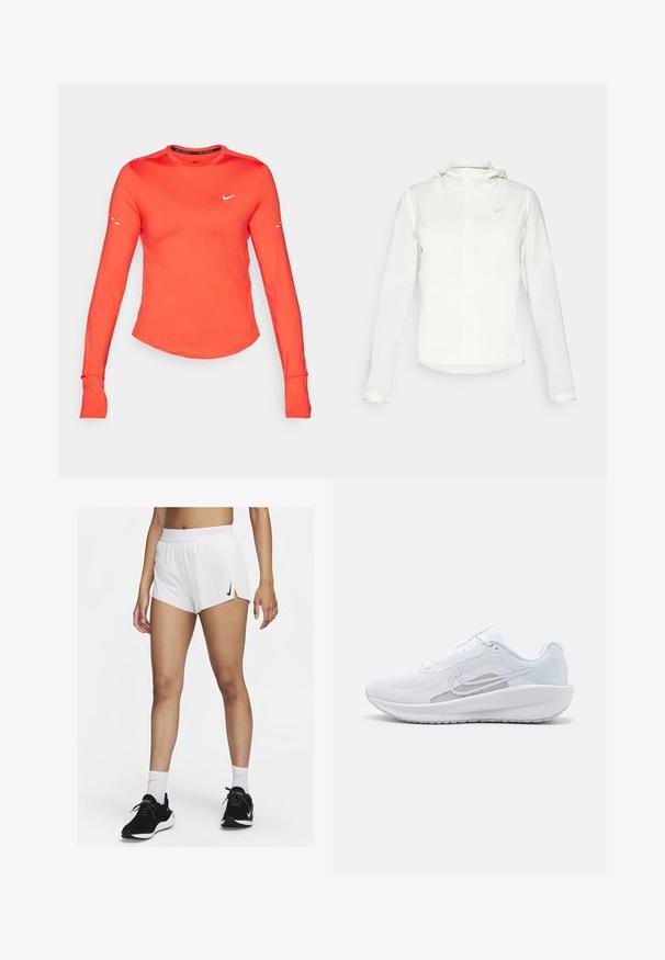 Giacca Nike bianca con cappuccio, zip completa, polsini elasticizzati e un logo discreto sul petto. Texture liscia e design leggero.; Maglietta sportiva a maniche lunghe, tessuto arancione brillante, scollatura rotonda, logo Nike bianco sul petto, aperture per il pollice nei polsini, vestibilità aderente, texture liscia.; Pantaloncini sportivi bianchi con vita a coste, spacchi laterali e logo Nike nero. Indossati con scarpe da ginnastica nere e calzini bianchi alti.; Scarpa sportiva bianca con tomaia in rete, punta arrotondata e suola testurizzata. Presenta il logo Nike in argento e un design minimalista.