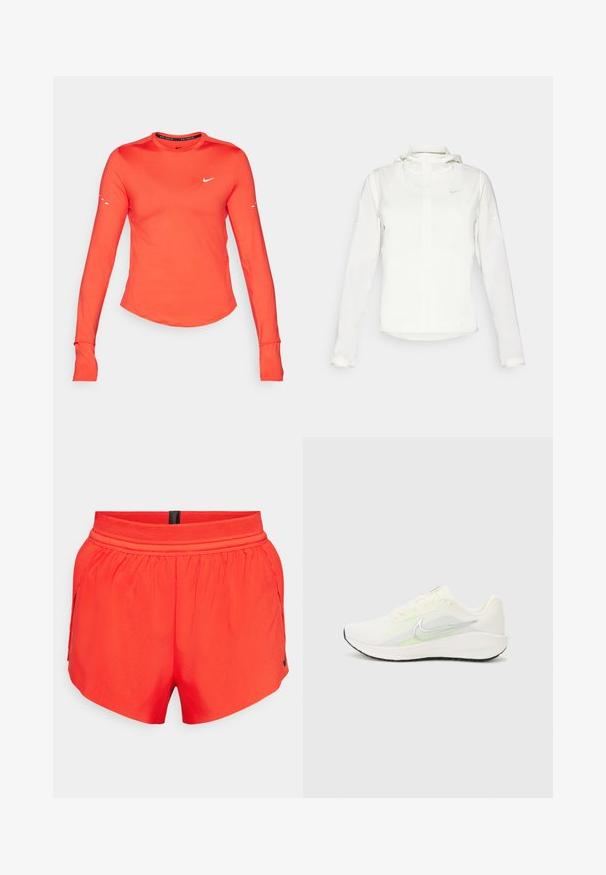 Weiße Nike-Jacke mit Kapuze, durchgehendem Reißverschluss, elastischen Bündchen und einem dezenten Logo auf der Brust. Glatte Textur und leichtes Design.; Langärmliges Sportshirt, leuchtend orange Stoff, runder Ausschnitt, weißes Nike-Logo auf der Brust, Daumenlöcher in den Bündchen, figurbetonte Passform, glatte Textur.; Rote Sportshorts aus leichtem Stoff mit einem elastischen Bund, seitlichen Taschen und einem kleinen schwarzen Logo am Saum.; Nike Performance DOWNSHIFTER 13 - Laufschuh Straße - sail/silver-coloured photon dust/summit white/barely volt/black