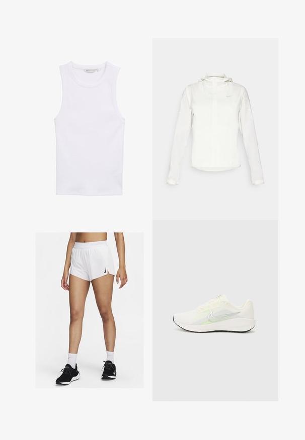 Hvid Nike-jakke med hætte, fuld lynlås, elastiske manchetter og et diskret logo på brystet. Glat tekstur og let design.; Hvid, ærmeløs tanktop lavet af ribbet materiale. Har en rund hals og en tætsiddende silhuet. Etiketten viser størrelse 'S'.; Hvide atletikshorts med ribbet taljebånd, sideslids og sort Nike-logo. Båret med sorte sneakers og hvide crew-sokker.; Nike Performance DOWNSHIFTER 13 - Løbesko til landevejen - sail/silver-coloured photon dust/summit white/barely volt/black