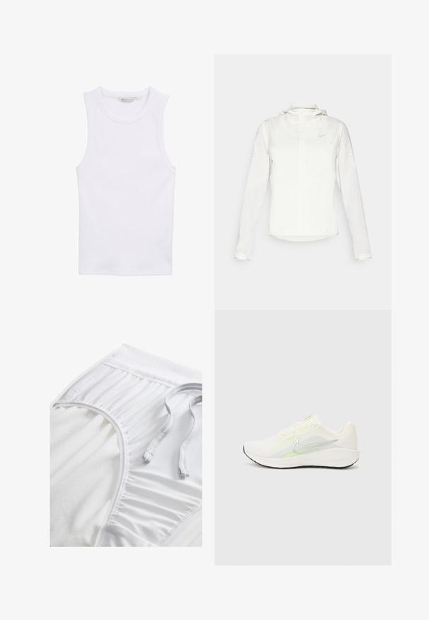 Weiße Nike-Jacke mit Kapuze, durchgehendem Reißverschluss, elastischen Bündchen und einem dezenten Logo auf der Brust. Glatte Textur und leichtes Design.; Weißes, ärmelloses Tanktop aus geripptem Material. Hat einen Rundhalsausschnitt und eine enganliegende Silhouette. Das Etikett zeigt die Größe 'S'.; Weiße Sportshorts mit einem strukturierten Taillenbund, gerafften Seitendetails und einem flachen Kordelzug. Weicher Stoff mit glatter Oberfläche.; Nike Performance DOWNSHIFTER 13 - Laufschuh Straße - sail/silver-coloured photon dust/summit white/barely volt/black
