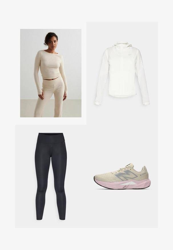 Valge Nike jakker, millel on kapuuts, täispikk tõmblukk, elastsed mansetid ja diskreetne logo rinnal. Sile tekstuur ja kerge disain.; Beige ribadeeridega pika varrukaga pluus ja sobivad kõrge vöökohaga püksid, pehme tekstuur, sobiv disain, minimalistlik stiil koos peente õmbluse detailidega.; Mustad mustad, mis on valmistatud siledast ja venivast kangast. Kõrge vöökoht, ilma nähtavate mustrite või aksessuaarideta. Sobivad tihedalt puusadelt kuni pahkluuni.; Helebeige jooksutossud halli "N" logoga, roosa tallaga, millel on silt "FuelCell" ja tekstureeritud kann, esitatud valgel taustal.