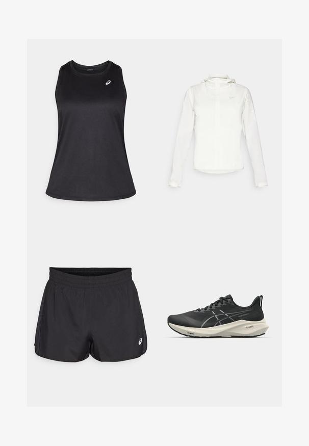 White Nike jacket with a hood, full zip, elastic cuffs, and a subtle logo on the chest. Smooth texture and lightweight design.; Black athletic tank top made of lightweight, breathable fabric. Features a round neckline and a subtle logo on the upper left side.; Black athletic shorts with an elastic waistband, smooth texture, curved hem, and side mesh accents. Features a small logo on the front.; Black athletic shoe featuring a sleek design, curved sole, and a textured upper with contrasting white accents on the side.