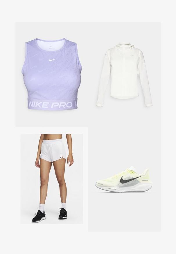 Giacca Nike bianca con cappuccio, zip completa, polsini elasticizzati e un logo discreto sul petto. Texture liscia e design leggero.; Crop top Nike Pro in lilla chiaro, caratterizzato da righe verticali, una texture liscia e un logo bianco a contrasto con una banda con lettering.; Pantaloncini sportivi bianchi con vita a coste, spacchi laterali e logo Nike nero. Indossati con scarpe da ginnastica nere e calzini bianchi alti.; Scarpe da corsa Nike con una tomaia in rete giallo chiaro e bianco, dettagli grigi e una suola in gomma flessibile. Presentano una chiusura con lacci.