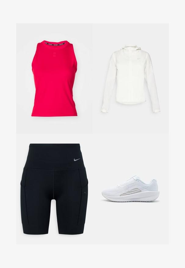 Valge Nike jakker, millel on kapuuts, täispikk tõmblukk, elastsed mansetid ja diskreetne logo rinnal. Sile tekstuur ja kerge disain.; Punane sportlik tank top, millel on sooniline tekstuur, ümar kaelus ja peen logo ees. Omab bränditud musta kaelaehe sildit.; Mustad kõrge vöökohaga sportlikud lühikesed püksid, valmistatud venivast materjalist; külgedel on taskud ja vööl väike Nike logo.; Valge sportlik king, millel on võrgusilmast ülemine osa, ümar varvas ja tekstureeritud tallad. Omab hõbedast Nike logo ja minimalistikku disaini.