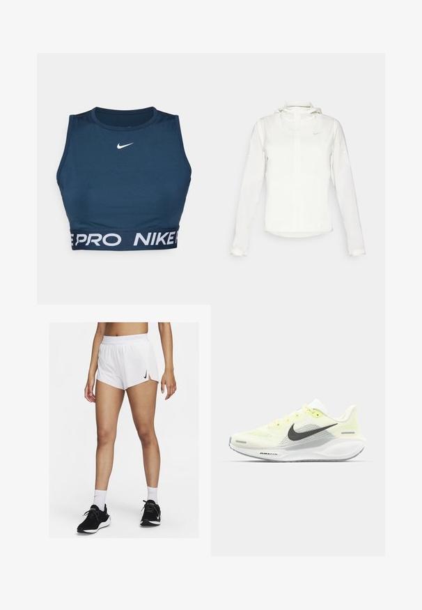 Chaqueta blanca de Nike con capucha, cremallera completa, puños elásticos y un logo sutil en el pecho. Textura suave y diseño ligero.; Sujeción deportiva de color marino, hecha de tela elástica. Presenta un cuello redondo y una banda de logo en blanco "NIKE PRO" en la parte inferior. Textura suave.; Pantalones cortos deportivos blancos con cinturilla acanalada, aberturas laterales y un logo negro de Nike. Se llevan con zapatillas negras y calcetines blancos hasta la mitad de la pantorrilla.; Zapatillas de correr Nike con una parte superior de malla en amarillo claro y blanco, detalles en gris y una suela de goma flexible. Cuenta con un cierre de cordones.