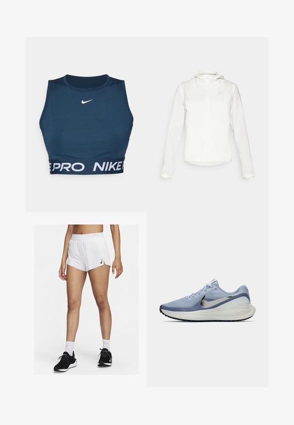 Casaco branco da Nike com capuz, fecho completo, punhos elásticos e um logótipo subtil no peito. Textura suave e design leve.; Sutiã desportivo azul marinho feito de tecido elástico. Apresenta um decote redondo e uma faixa de logo "NIKE PRO" branca em contraste na parte inferior. Textura suave.; Calções atléticos brancos com cós canelado, fendas laterais e um logótipo preto da Nike. Usados com ténis pretos e meias brancas até ao meio da canela.; Sapatilha de corrida Nike azul claro e branca com o swoosh prateado, parte superior de malha respirável, sola acolchoada e sola preta.