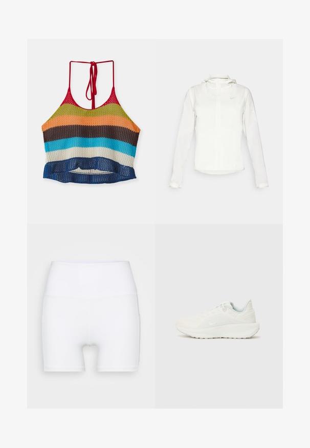 Veste blanche Nike avec capuche, fermeture éclair intégrale, poignets élastiques et un logo discret sur la poitrine. Texture lisse et design léger.; Top court en crochet multicolore avec des bretelles rouges, présentant des rayures horizontales en orange, vert, marron, bleu et blanc. Détail de bordure froncée.; Shorts blancs taille haute en tissu extensible. Fabriqués avec une texture lisse et un design ajusté, sans motifs ni accessoires supplémentaires.; Baskets de sport blanches avec un dessus texturé, un col rembourré et un système de laçage. Elles disposent d'une semelle incurvée et d'un logo discret sur le côté.