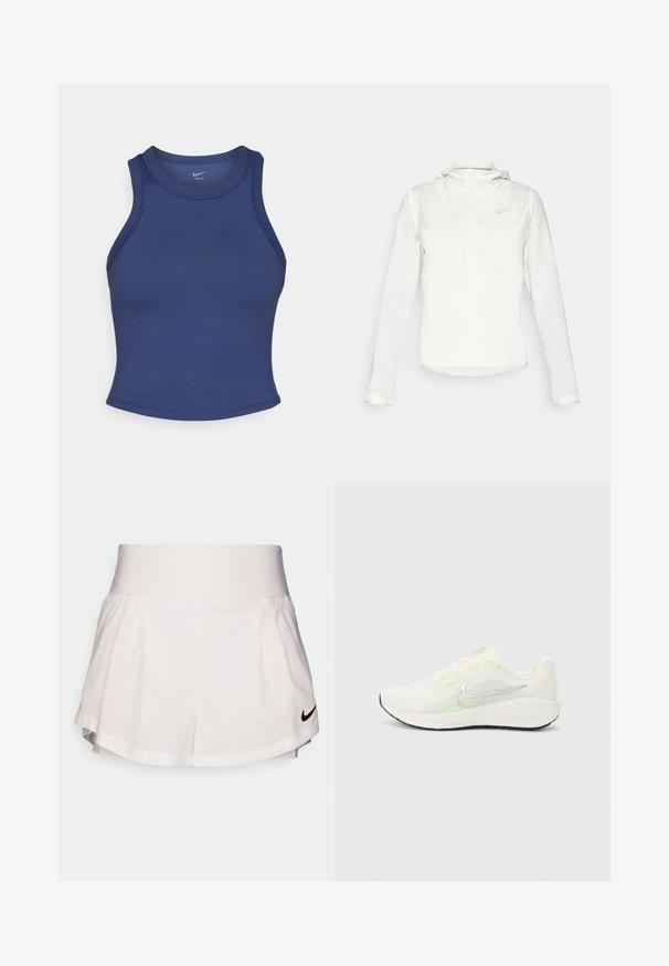 Hvid Nike-jakke med hætte, fuld lynlås, elastiske manchetter og et diskret logo på brystet. Glat tekstur og let design.; Marineblå atletisk tanktop med en tætsiddende design, rund halsudskæring og glat overflade. Har minimale sømme og ingen synlig branding.; Nike Performance SHORT - Korte sportsbukser - white/black; Nike Performance DOWNSHIFTER 13 - Løbesko til landevejen - sail/silver-coloured photon dust/summit white/barely volt/black