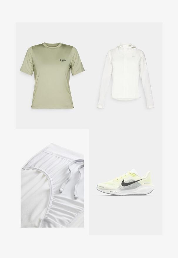 Chaqueta blanca de Nike con capucha, cremallera completa, puños elásticos y un logo sutil en el pecho. Textura suave y diseño ligero.; Camiseta de manga corta en un ligero color verde oliva, hecha de una tela suave. Presenta un logo negro de "BORG" en la parte frontal y un cuello redondo.; Pantalones cortos deportivos blancos con una cinta de cintura texturizada, detalles fruncidos en los laterales y un cordón plano. Tejido suave con un acabado liso.; Zapatillas de correr Nike con una parte superior de malla en amarillo claro y blanco, detalles en gris y una suela de goma flexible. Cuenta con un cierre de cordones.