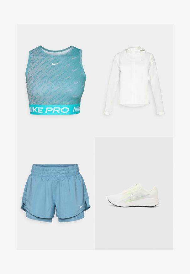 Hvit Nike-jakke med hette, hel glidelås, elastiske mansjetter og en diskret logo på brystet. Glatt tekstur og lett design.; Nike Pro sports-bh i teal med ribbestruktur, abstrakt mønster og en kontrasterende lys blå midjebånd med hvit merkevare.; Lyseblå idrettsshorts med en bred elastisk midjebånd, indre fôr og sidesplitter for enkel bevegelse. Har et lite hvitt logo.; Nike Performance DOWNSHIFTER 13 - Løpesko for vei - sail/silver-coloured photon dust/summit white/barely volt/black